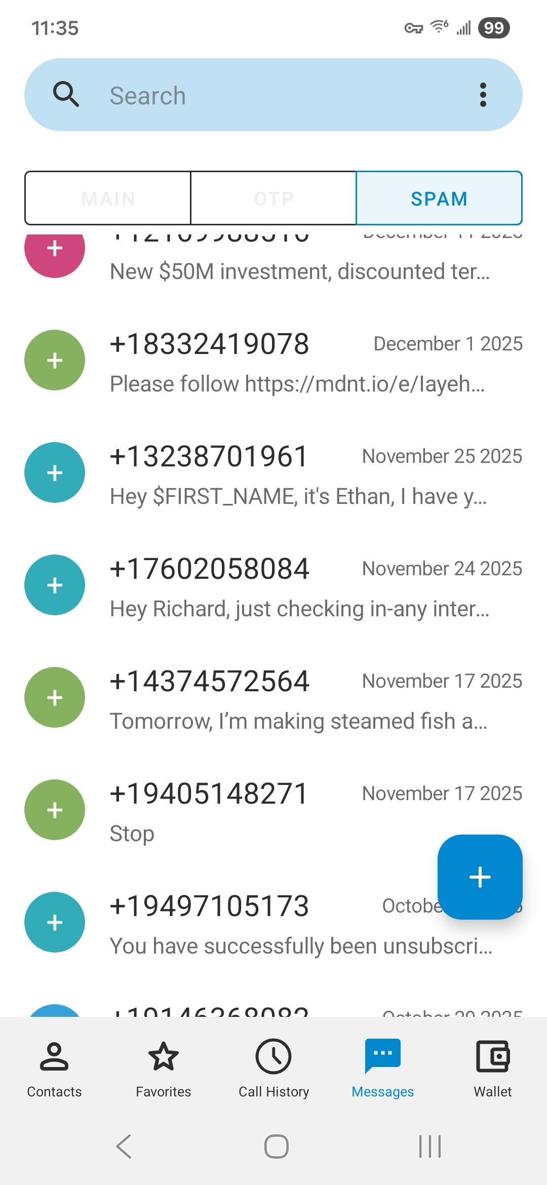 Cyber Phone messages list screen