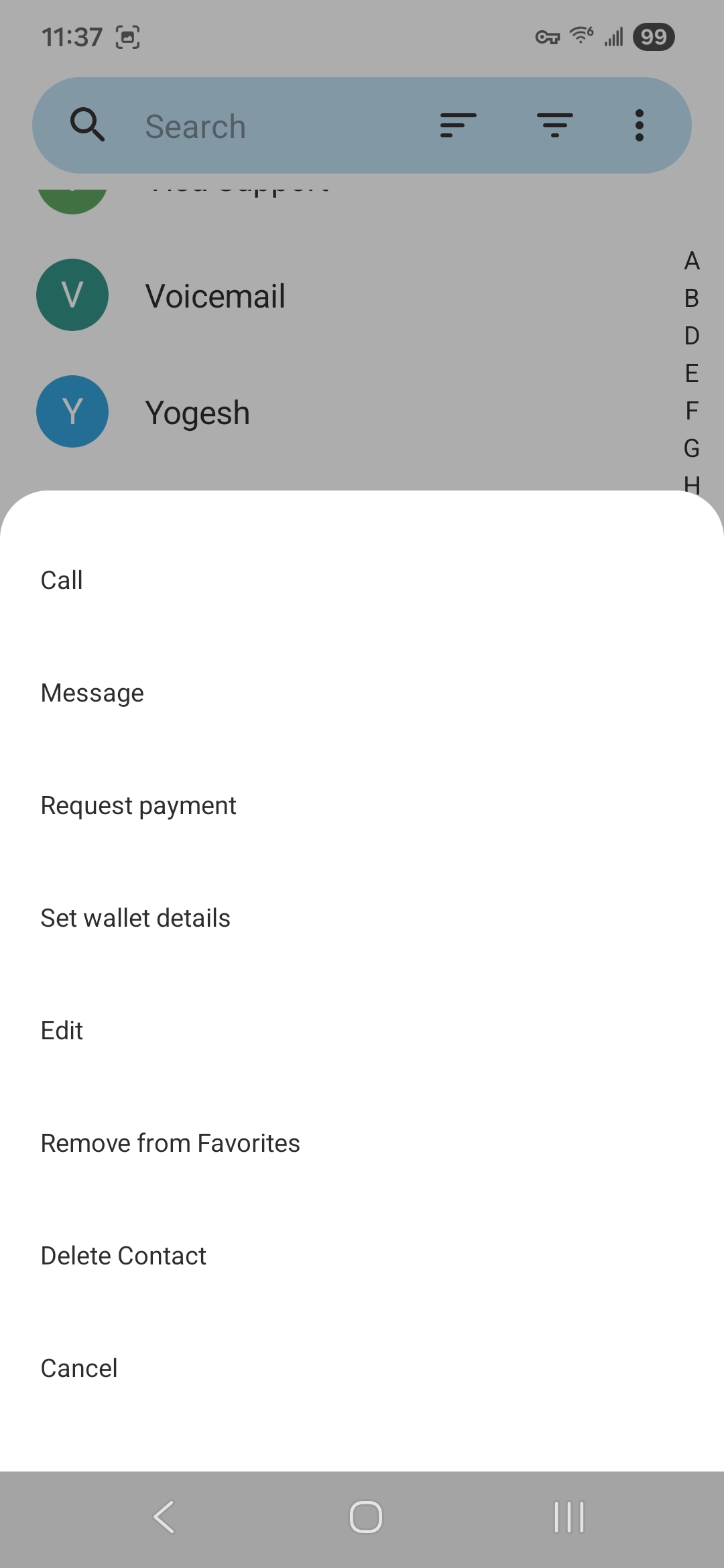Cyber Phone contact actions menu